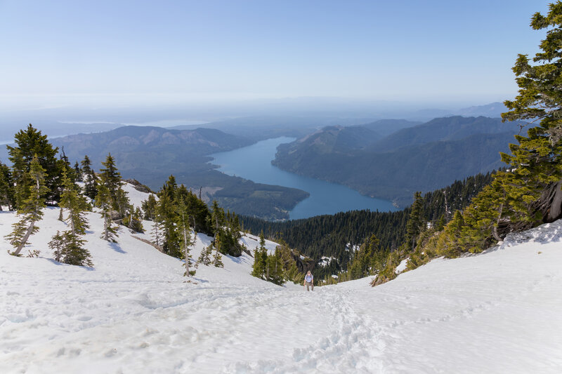 Lake Cushman slowly becoming visible during the ascent.