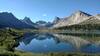 An unnamed peak (11,710 ft.), Nylon Peak (12,392 ft.), Mount Bonneville (12,585 ft.), Pronghorn Peak (12.388 ft.), and Dragon Head Peak (12,205 ft.) are reflected into Middle Fork Lake on a perfect, clear, calm August morning.