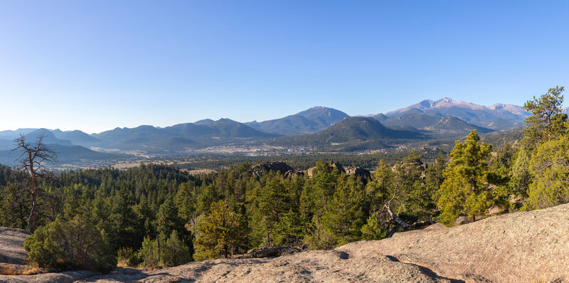 Estes Park with Prospect Mountain, Twin Sisters Peaks, and Longs Peak in the distance.
