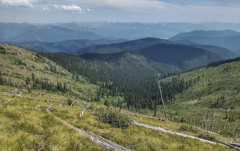 Looking down the grassy slopes of Helmer Mountain amid the Selkirk Mountains. Nearby forested mountains, Priest Lake (upper, center right) tucked in behind mountains that aren't too far away, and more rugged mountains stretch into the distance.