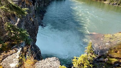 The bottom of Brooks Falls.  The falls themselves are hidden behind the rock outcrop on the left.