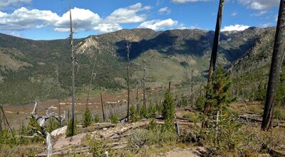 The New Fork River flows through the broad, flat valley below. Seen from high on the switchbacks of the New Fork/Doubletop Cutoff Trail.