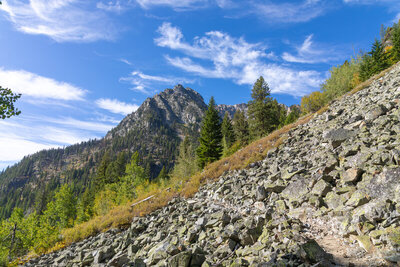 The Ice Lake Trail traverses an extensive apron of frost-shattered granodiorite boulders at 6,070 ft, where active freeze-thaw weathering has blanketed the steep valley slopes north of Adam Creek.